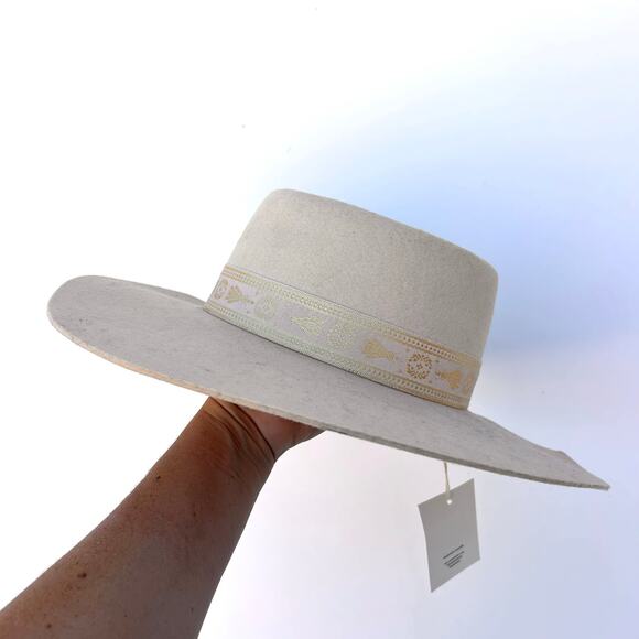 New Lack Of Color Juno Boater Hat Cream Australian Wool Small Gold Band Felt - Picture 4 of 10